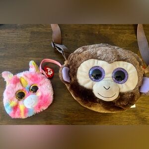 EUC Set of Ty Plush Monkey “Coconut” Purse & Pink Unicorn “Fantasia” Coin Purse
